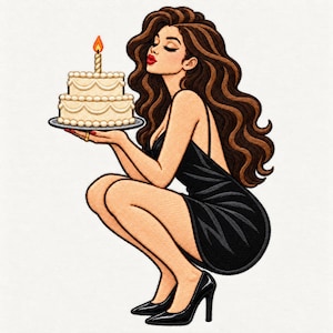 May include: An embroidered patch design featuring a person with long wavy brown hair wearing a black slip dress and black high heels, crouching while holding a two-tiered white birthday cake with a single lit candle on a silver platter.