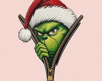 Grinchen dragkedja broderidesign, julfigur, rolig jultröja, barnkläder, digital nedladdningsfil