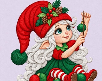 Sitting Christmas Elf Girl Embroidery Design, White Hair Santa Helper, Holiday Machine Embroidery