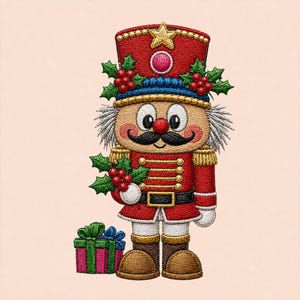 Puede incluir: Un bordado de un cascanueces con uniforme rojo y detalles dorados, un sombrero alto con una estrella amarilla y un bigote negro. La figura sostiene una rama de acebo verde con bayas rojas junto a una pequeña caja de regalo rosa con lazo verde.