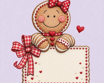 Gingerbread Girl Christmas Name Sign Embroidery Design, Red Gingham Bow, Heart Cookie Frame