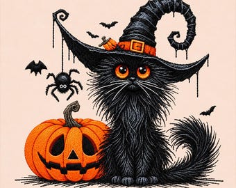 Broderidesign med svart häxkatt, fluffig Halloween-kattunge, böjd häxhatt, Jack O'Lantern
