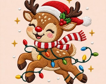 Christmas Reindeer Embroidery Design, Rudolph Christmas Lights, Santa Hat Deer, Holiday Machine