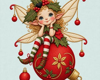 Christmas Ornament Fairy Embroidery Design, Holly Elf Girl, Red Bauble, Christmas Wings, Instant Download