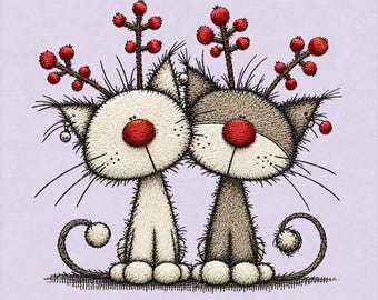 Kerstkattenpaar borduurpatroon, twee pluizige kittens, rode bessen met gewei, speelse kerstkatten