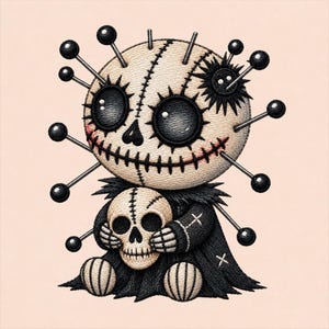 May include: An embroidered patch featuring a round, beige voodoo doll character with large black button eyes, a stitched mouth, and multiple black-headed pins protruding from its head. The doll wears a black cloak and holds a small beige skull.