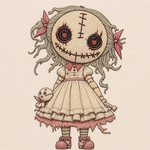 Puede incluir: Un parche bordado que muestra una muñeca con cabello gris desordenado, lazos rosas y una cara redonda con rasgos cosidos. La muñeca tiene grandes ojos de botón con centros rojos, una boca cosida y viste un vestido crema con dobladillo rosa.