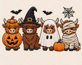 Halloween Highland Cow-kostymer Maskinbroderidesign, Pumpa-spöke-mamma PES DST-nedladdning