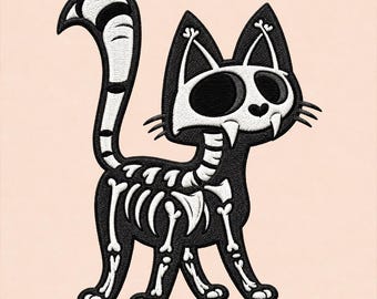 Broderidesign för skelettkatt, svart kattunge, vita skalleben, läskig söt Halloween, omedelbar nedladdning