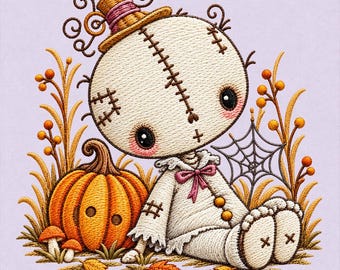 Primitiv Halloween-trasdockabroderidesign, sydd voodoodocka, pumpa-spindelnäts digital nedladdning