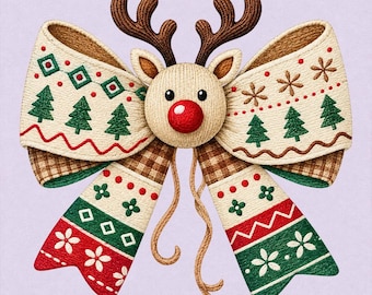 Reindeer Christmas Bow Embroidery Design, Rudolph Face, Nordic Holiday Ribbon, Coquette Christmas