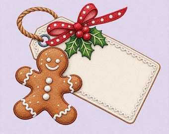 Gingerbread Man Christmas Gift Tag Embroidery Design, Red Polka Dot Bow, Holly Cookie Name