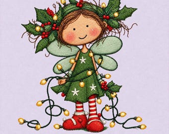 Christmas Holly Fairy Girl Embroidery Design, Woodland Fairy, Holiday String Lights, Green Dress