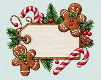 Gingerbread Christmas Name Tag Embroidery Design, Candy Cane Gift Label, Gingerbread Cookie Frame
