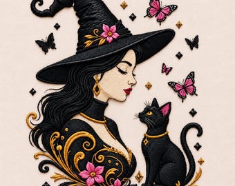 Witch Woman with Black Cat and Butterflies Machine Embroidery Design, Halloween PES DST Download