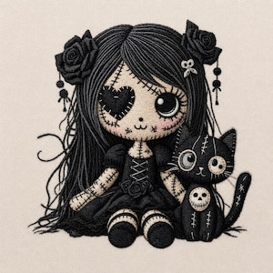 May include: An embroidered design featuring a doll with long black hair, a heart-shaped eye patch, and a black dress, sitting next to a black cat with a skull emblem on its chest. Both figures have visible stitch details and rose accents.