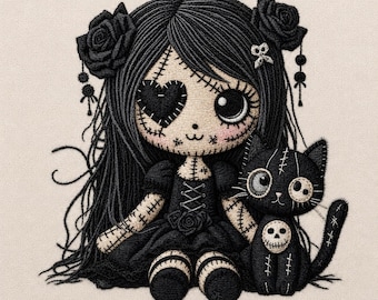 Gotisk trasdocka och kattbroderidesign, Halloween-maskinbroderi (digital nedladdning)