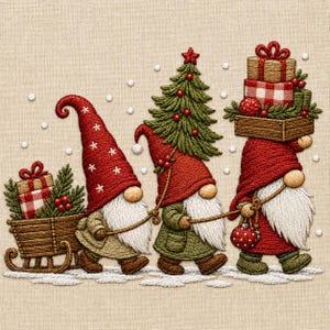 May include: An embroidery design on beige fabric featuring three gnomes in red hats. One gnome pulls a wooden sled with gifts, another carries a green Christmas tree, and the third carries a wooden crate stacked with wrapped presents.