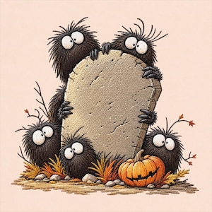 May include: An embroidered illustration featuring four fuzzy black creatures with large white eyes peeking from behind a central blank gray tombstone. An orange jack-o'-lantern with a carved face sits at the base among autumn-colored leaves.