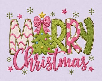 Pink and Green Merry Christmas Embroidery Design, Christmas Tree Bow, Holiday Pattern (Digital Download)