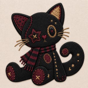 May include: An embroidered patch of a black cat with a maroon striped scarf. The cat features a star-shaped eye patch, a button eye, gold whiskers, and maroon circular patches on its paws and body. The design includes decorative cross-stitching.