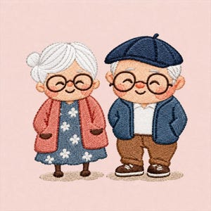 Può includere: Un ricamo raffigurante una coppia di anziani. La persona a sinistra ha i capelli bianchi raccolti in uno chignon, indossa occhiali tondi, un cardigan color corallo e un vestito blu con fiori bianchi. La persona a destra indossa un berretto blu, occhiali, una giacca blu e pantaloni marroni.
