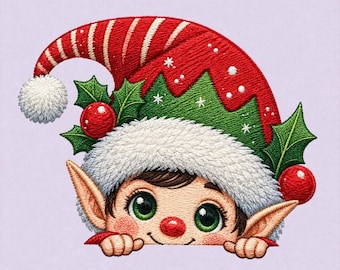 Broderidesign med jultomte och älva, söt jultomtehatt, digital nedladdning av Peekaboo-maskin