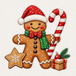 Può includere: Un omino di pan di zenzero ricamato con un cappello da Babbo Natale rosso e una sciarpa verde con un fiocco rosso. Tiene in mano un grande bastoncino di zucchero a strisce rosse e bianche. Accanto ci sono un biscotto a stella e un regalo.