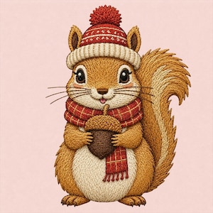 Puede incluir: Una ilustración bordada de una ardilla marrón con una cola esponjosa, que lleva un gorro de punto rojo y blanco con un pompón y una bufanda de cuadros rojos. La ardilla sostiene una bellota marrón con ambas patas, con costuras detalladas.
