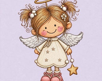 Christmas Angel Girl Embroidery Design, Little Guardian Angel, Golden Halo, White Wings, Hanging Star