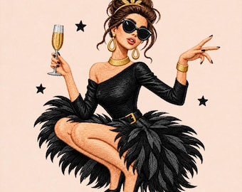 Glamorous Woman Embroidery Design, Black Feather Dress Lady, Champagne Girl, Elegant Party Fashion Art