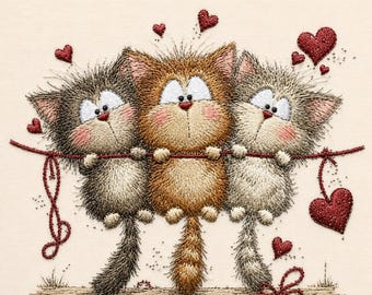 Borduurpatroon met drie kerstkatten, feestelijk kattentrio, borduurpatroon met schattige kittens voor de kerst.