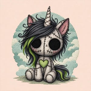 May include: An embroidered patch featuring a stitched doll with a unicorn horn, large black circular eyes, and messy dark hair with green highlights. The doll has a light green heart on its chest and is set against a light blue sky background.