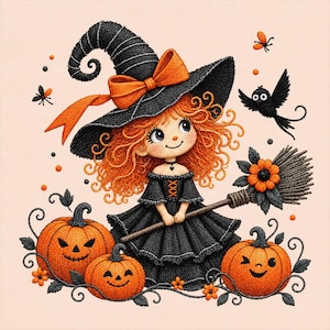 Könnte beinhalten: Eine gestickte Illustration einer Figur mit lockigem orangefarbenem Haar, die einen schwarzen Hexenhut mit orangefarbener Schleife und ein schwarzes Kleid trägt. Die Figur hält einen Besen, umgeben von drei orangefarbenen Kürbissen, einem schwarzen Vogel und Insekten.