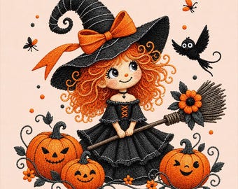 Broderidesign för häxflicka, pumpor med pumpa, Halloween-kvast, häxmaskinfil