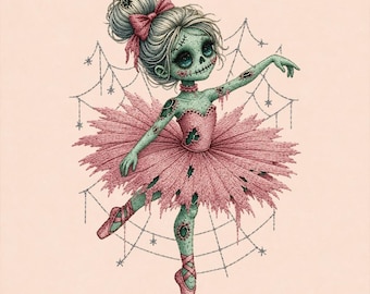 Zombie Ballerina Broderidesign, Obehaglig Gotisk Balettdansös, Spöklik Halloween Dans Maskinbroderifil