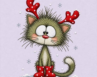 Christmas Reindeer Cat Embroidery Design, Funny Fluffy Kitten, Red Antlers, Polka Dot Winter Boots