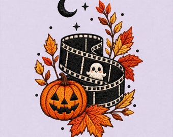 Broderidesign för Halloween-filmremsa, vintage-skräckfilmsrulle, sött spöke, höstpumpa
