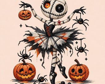 Diseño de bordado de bailarina cosida, muñeca espeluznante de Halloween, archivo digital de bailarina gótica araña calabaza tenebrosa