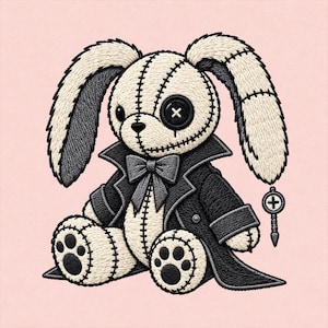 Puede incluir: Un parche bordado de un peluche de conejo color crema con costuras negras, que lleva un abrigo y una pajarita negros. El conejo tiene un ojo de botón negro con una cruz blanca y un ojo negro pequeño. Un pequeño dije de llave plateado cuelga de una oreja.