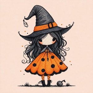 May include: An embroidered illustration of a character with long black hair wearing a tall black witch hat with an orange band and a flared orange dress featuring black polka dots, black leggings, and black boots, standing near a small pumpkin.