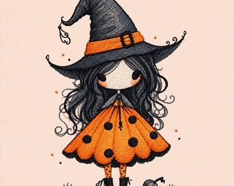 Häxflicka broderidesign, Halloween pumpa klänningsmönster, kuslig söt docka maskinbroderifil