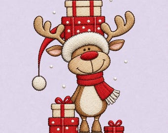 Christmas Rudolph Reindeer Embroidery Design, Red Nose Deer, Santa Hat, Stacked Christmas Gifts
