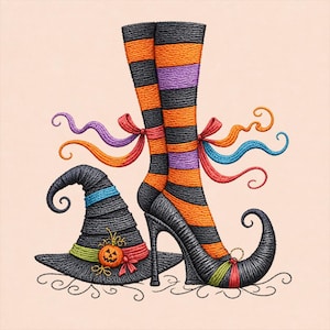 Peut inclure: Un motif brodé représentant un chapeau de sorcière noir pointu avec une petite citrouille orange et une paire de jambes portant des bas rayés noirs, orange et violets dans des chaussures à talons noirs aux bouts recourbés et rubans colorés.