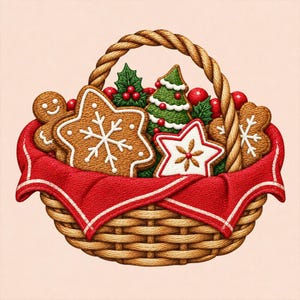 May include: A woven wicker basket lined with a red cloth containing gingerbread cookies shaped like a star with white icing, a gingerbread person, and a tree. The arrangement includes green holly leaves and small red berries tucked between the cookies.