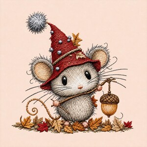 Puede incluir: Una ilustración bordada de un pequeño ratón que lleva un sombrero puntiagudo rojo con un pompón gris, sosteniendo un palo con una bellota colgante. El ratón está de pie entre un montón de hojas de otoño caídas en tonos naranja, amarillo y rojo.