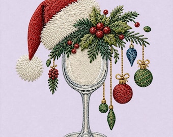 Maskinbroderidesign för julvinglas, tomtehatt, blommiga ornament, julvin