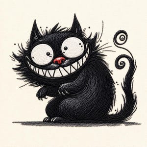 May include: An embroidery design of a black cat with shaggy fur, large white eyes, a wide grin showing sharp teeth, and a small red nose. The cat has a long, curly tail and is depicted in a seated position with a textured, stitched appearance.
