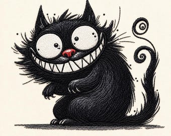 Grinning Black Cat Embroidery Design, Creepy Halloween Kitty, Spooky Gothic Cartoon Art, Digital Download