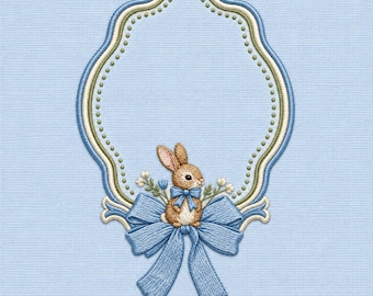Broderidesign för kaninram, blå rosettkaninmonogram, påskbarnrum, vårskogsdjur